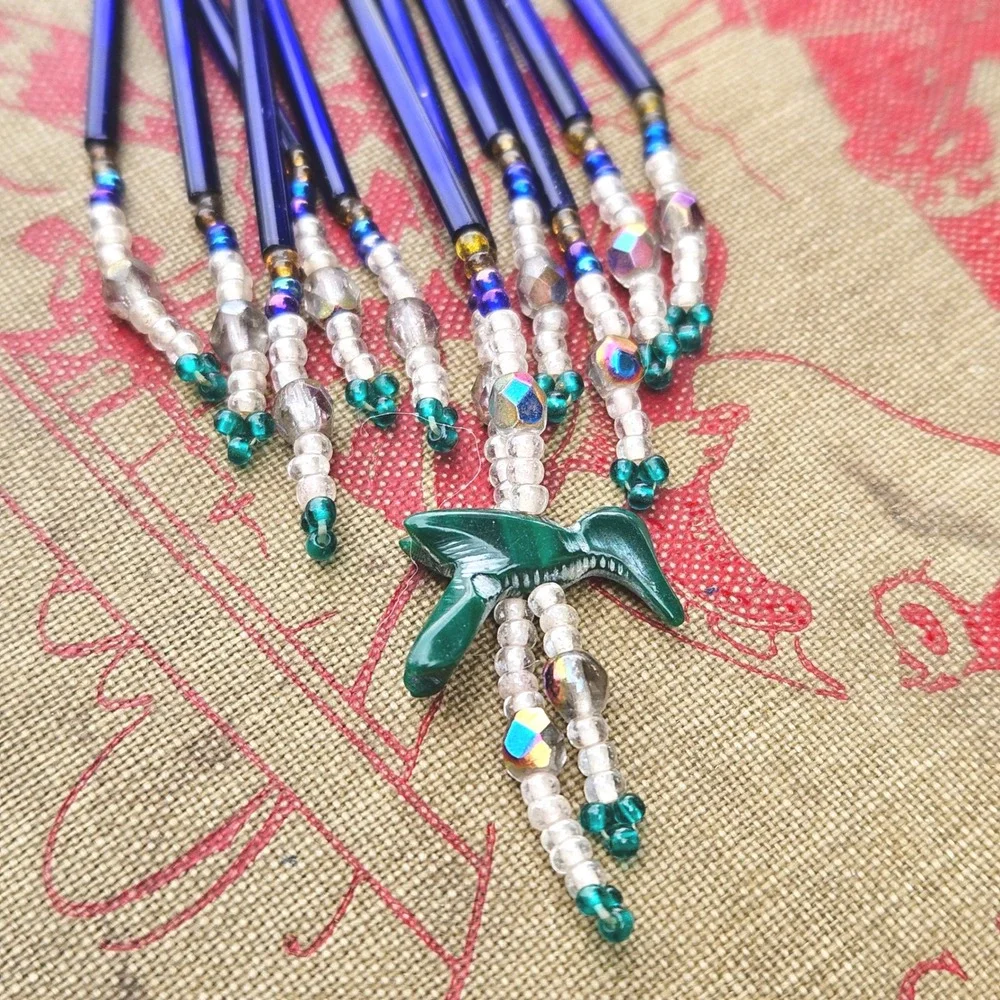 Handmade Beaded Malachite Bird Fringe Button Cover Bolo Tie Brooch Blue Green